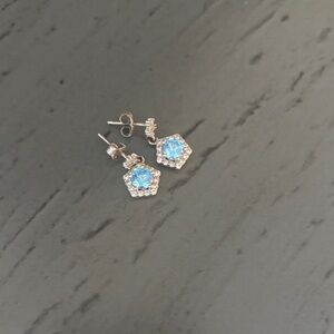 Aquamarine Blue Crystal Halo Silver Drop Earrings